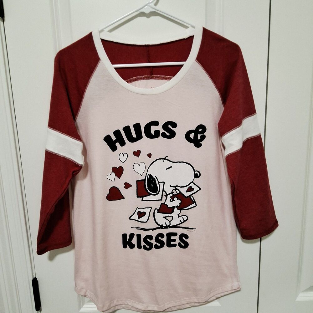 Peanuts Snoopy Pink & Red Raglan 3/4-sleeve Graphic T-shirt Size Medium